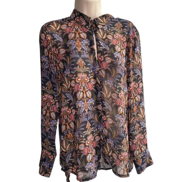 Crosby Womens Sheer Floral Button Down Blouse Size Medium Black Gray Orange c